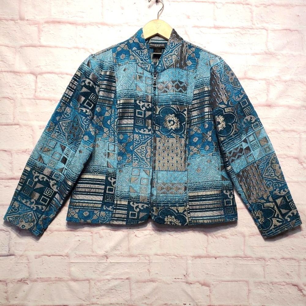 Molly & Maxx Y2K Style‎ Boho Tapestry Jacket Womens Petite Medium Blue Patchwork